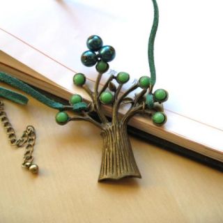  handmade jewelry green necklace pendant bronze tree trunk beads 1508