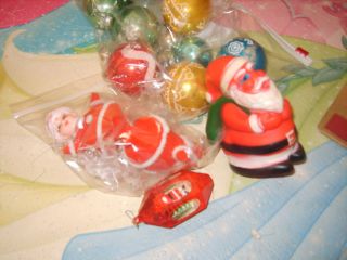 Vintage Christmas Ornament Lot Jewel Brite Santa Squeeky Toy Shiny