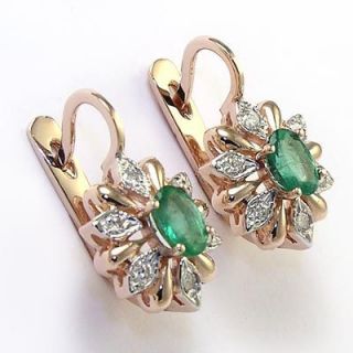 Russian Jewelry Diamond Emerald Earrings 14k Rose Gold E971