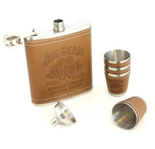 Jim Beam 7oz Flask Shot Glass Funnel Set with Stainless Steel Leather