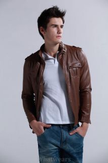 JJ Mens Slim Fitted Stylish PU Leather Coat Jacket 3 Size Brown Z1176