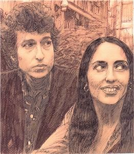 Bob Dylan Joan Baez Portrait by Ruth Freeman Ink 7 1 2 x 8 1 2