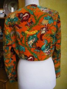 Vintage Joanna Nelson Bolero Jacket Orange w Multi Color Flowers Sz S