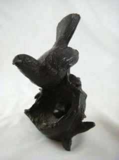 Vintage Metal Bronze Tone Bird Over A Nest with Eggs Figural Sculpture