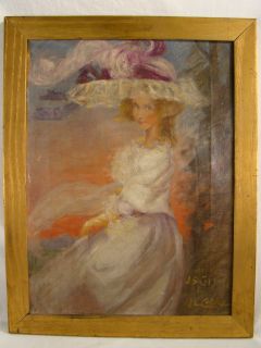 Antique Victorian Lady Hat Old Post Impressionistic Portrait Painting