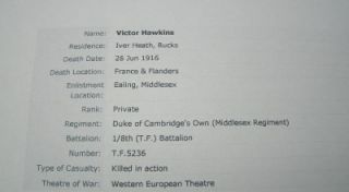  John Victor Hawkins 1 8th Middlesex Regiment Duke of Cambridge`S