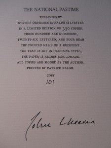Baseball The National Pastime John Cheever Signed by Author 1 of 330