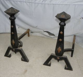 Antique Andirons Mission Arts and Craft design Bradley Hubbard Signed  