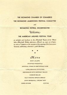 Hotel John Marshall Menu Richmond Virginia Jamestown Festival 1957  