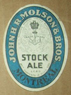 Vintage John H R Molson Bros Stock Ale Montreal 12oz Beer Bottle Label 1940'S  