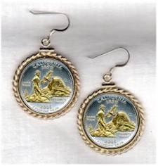 Gold on Silver California Quarter Earrings in Rope Edge Gold Filled Bezels  