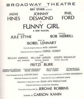 Funny Girl Broadway Playbill 1967 Mimi Hines Johnny Desmond Phil Ford  
