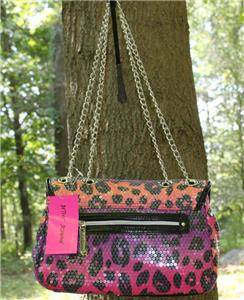 Betsey Johnson Pink Shop with Me Leopard Cheetah Print Sequin Bag Crossbody Flap  