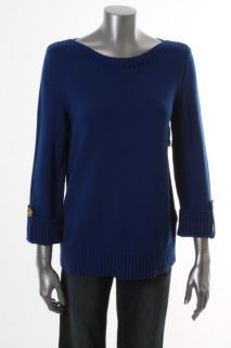 Jones New York NEW Blue Cotton Boat Neck Adjustable Sleeve Pullover Sweater S  