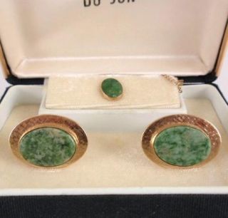 Vintage Du Jon Mens Green Marble Cufflinks Tie Tac in Box  