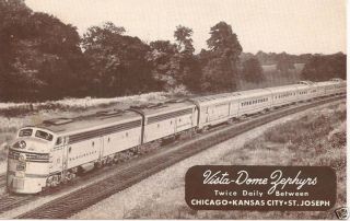 "Vista Dome Zephyrs" Trains Railroad Postcard Chicago Kansas City St Joseph  