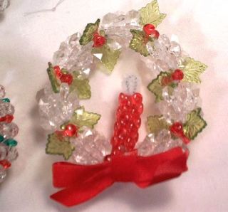 11 Vintage Handmade Crystal Bead Ornaments Nativity Cardinal Candles Santa Tree  