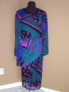 Judith Ann Creations Vtg 70's Silk Beaded Cocktail Lounge Evening Dress S  