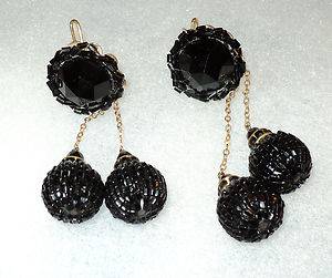 Vintage Unsigned Judith McCann Wingback Black Glass Dangling Balls R L Earrings  