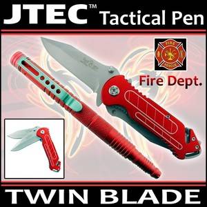 2pc Set 6" Jtec Aluminum Tactical Pen w 8" Spring Assisted Twin Blade Knife  
