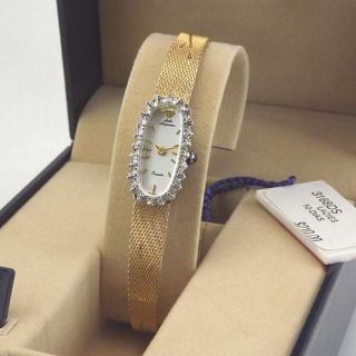 Jules Jurgensen Ladies Oval Gold Tone Bracelet Watch w 10 Genuine Diamonds  