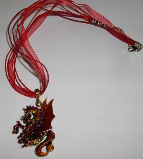 Alloy Dragon Necklace with Red Ribbon Chain