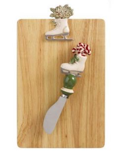 Wood Cutting Board with Cheese Spreader Christmas SKATES Grasslands