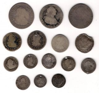 Spanish Colonial Coinage Lot Of 15 Coins Holed Low Grade Damaged 1 2 R