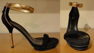 NIB Gucci Kelis Black Suede Gold Python Sandals Heels 36 6 RARE Find