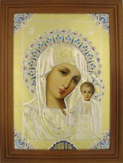 Virgin of Kazan Madonna Child Framed Icon Gold Foil Embossed Russian