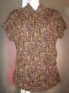 Kenneth Cole 100 Nylon Tan Brown Geo Prints Ruched Side Lined Mesh Top