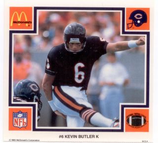 Kevin Butler K 1985 McDonald Super Bowl Issue Card 6