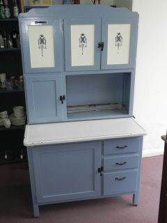Vintage Blue White Paint Primitive Kitchen Cabinet Porcelain Top Table