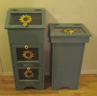 Sunflower Themed Wooden Kitchen Trash Can Matching Vegetable Bin Cute