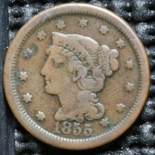 1855 BRAIDED HAIR LARGE CENT NICELY CIRCULATED NATURAL BROWN SURFACES