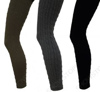 New Womens Cable Knit Leggings Ladies Patterened Wooly Tights Black 8