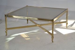 LaBARGE square brass coffee cocktail table glass top Hollywood Regency