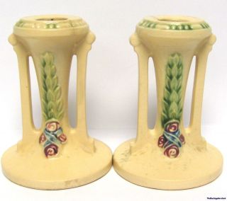 1924 Roseville La Rose 2 Candlestick Holders Roses and Swags Lot