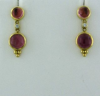 New Temple St Clair 18K Gold Pink Tourmaline Cabochon Diamond Earrings