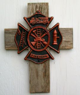 Fireman Firefighter Maltese Cross Barnwood Cast Iron Handmade Rustic