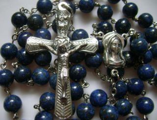 Valuable 925 Silver 5cm Cross Lapis Lazuli Rose Rosary