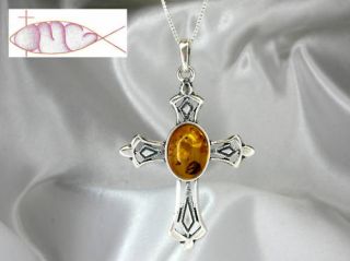 Large Sterling Silver Baltic Amber Cross Necklace New