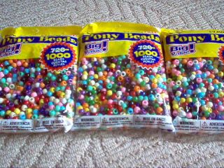 PONY BEADS   OPAQUE  PLASTIC   1,000 BEADS IN EACH LARGE BAG   9MM