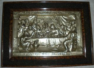 vintage THE LAST SUPPER wood framed METAL ART RELIEF PICTURE no