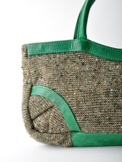 Lauren Merkin Brown Wool Tweed and Green Leather Handbag Purse Bag