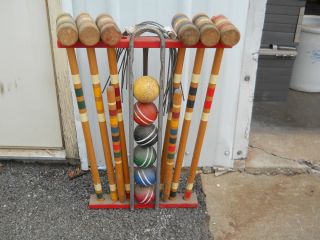 vintage croquet set outdoor lawn game 6 player wood complete but needs