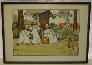 Harry Eliott Watercolor Pochoir Monks Dog Lawn Bowling Rounders