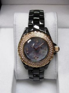 Le Chateau Womens Black Ceramic Watch with Stones and Blue Pearl Face