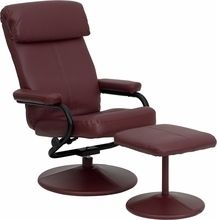 Pillowtop Burgundy Leather Recliner and Ottoman w Leather Wrap Base