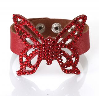 BR2041R Butterfly Swarovski Crystal Leather Bracelet